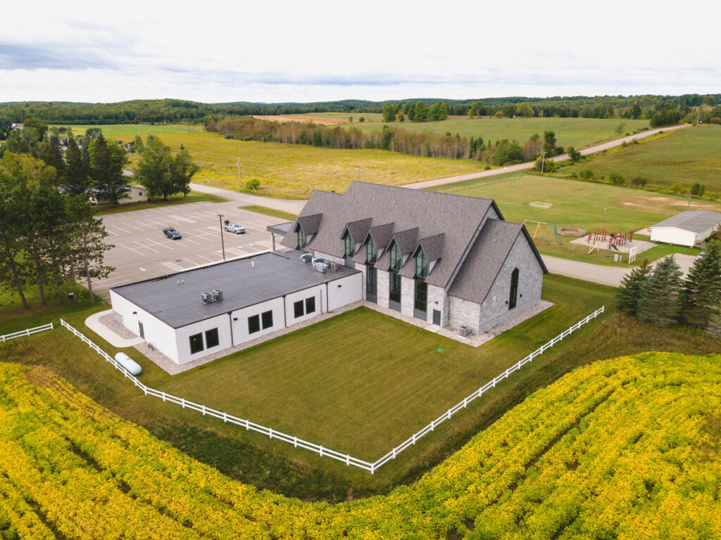 Newly constructed church in a country setting.